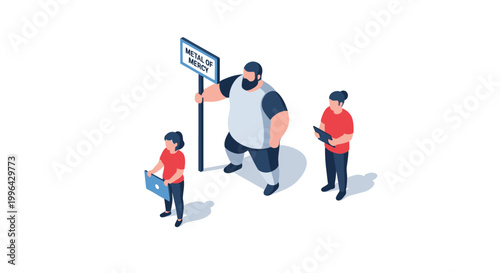 Isometric Illustration of People with Sign Advocating for Peace.