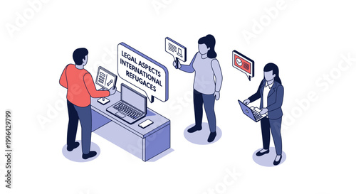 Isometric Illustration of People Working on Legal Aspects of International Refugees.