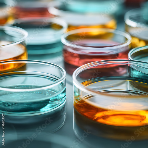 Colorful liquid samples in laboratory petri dishes