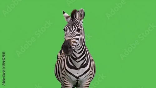 Zebra on chroma key green screen looks confused while shrugging and moving in all directions