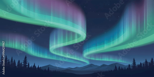 Vibrant swirling green northern lights.