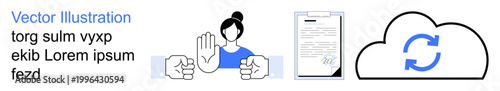 Business automation, data synchronization, document signing, workplace conflict, communication, workflow management. A hand gesture, document and cloud icon are displayed. Data synchronization