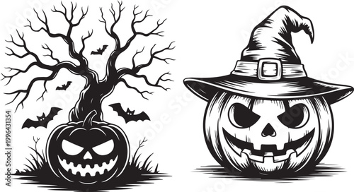 Minimalist graphic illustration of a spooky pumpkin under a bare tree with flying bats for halloween