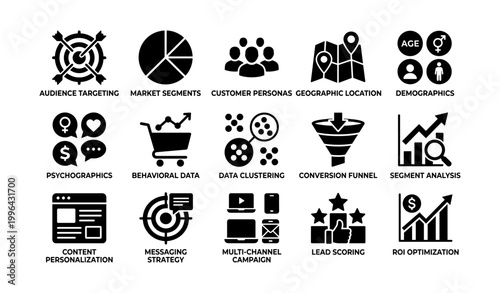 Marketing segmentation icons arranged in grid on white background