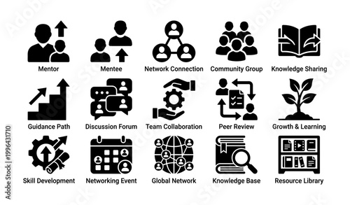 Mentorship and community icons grid on white background