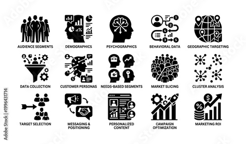 Marketing segmentation and targeting icons grid on white background