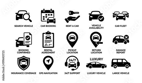 Car rental service icons showing booking and location options