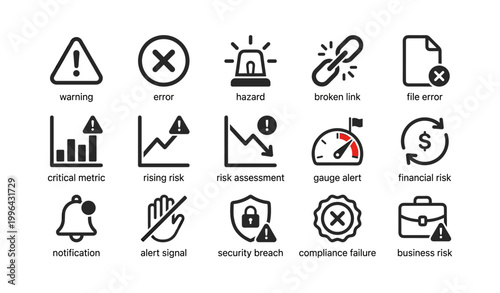 Risk and alert icons arranged in labeled grid on white background