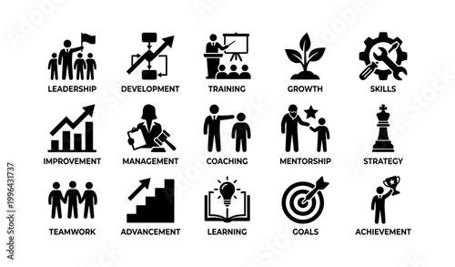 Business leadership and development icons arranged in grid layout
