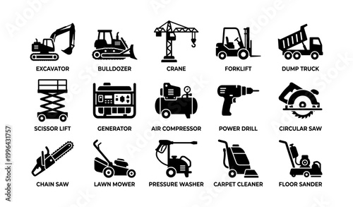 Construction and power tool icons displayed on white grid background