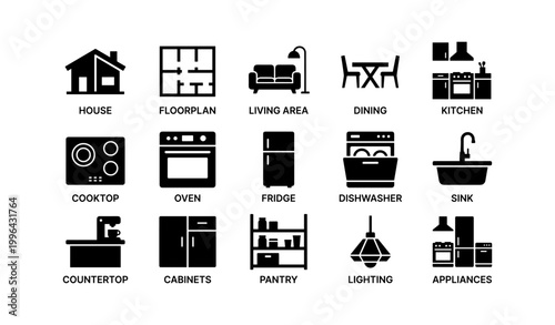 House and kitchen icons arranged in grid on white background