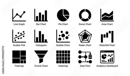 Data visualization icons arranged in a grid on white background