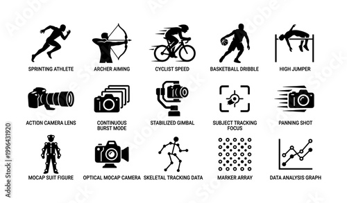 Sports and motion capture icons showing action and tracking