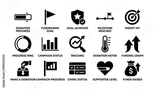 Donation icons showing progress metrics on white background