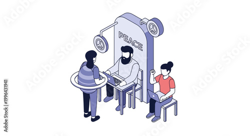 Isometric illustration of police station with officers and suspects.