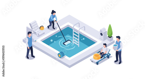 Isometric illustration of pool maintenance and cleaning services with staff.