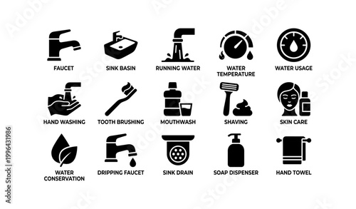 Water and bathroom icons showing hygiene actions in grid