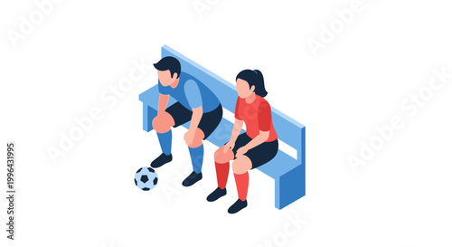 Isometric Illustration of Soccer Players Sitting on Bench Beside Ball.