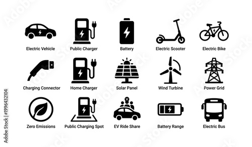 Electric vehicle icons arranged in grid on white background