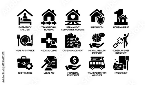 Housing and support service icons displayed in grid layout
