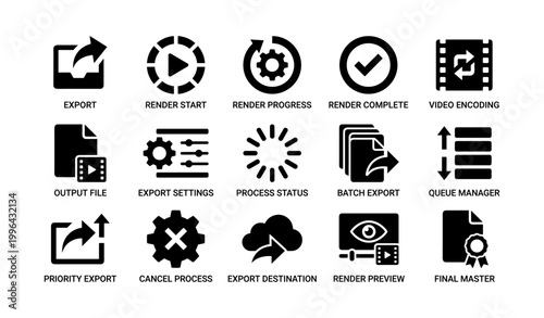 Export and render icons for video processing and queue management