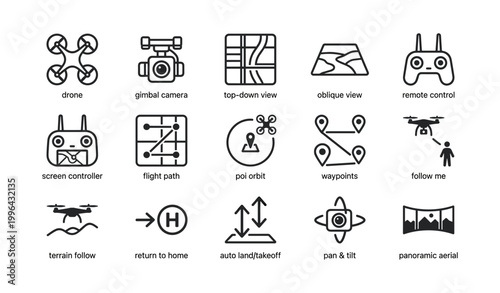 Drone and flight control icons representing aerial navigation in grid