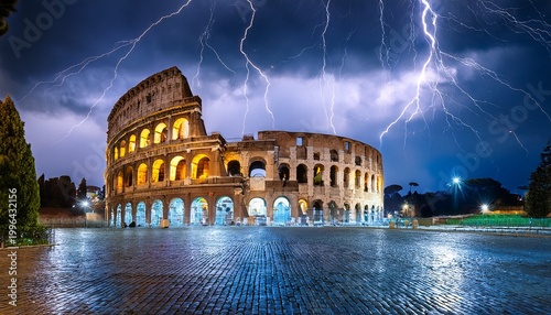 roman coliseum at night with storm and lightning striking