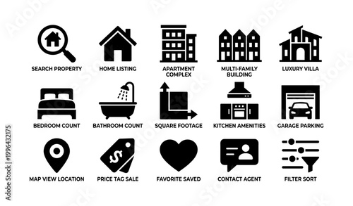 Property icons showing listing types and features on white background