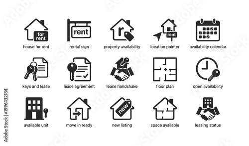 Property rental icons arranged in grid on white background