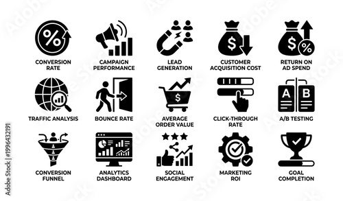 Marketing and analytics icons representing performance metrics in grid