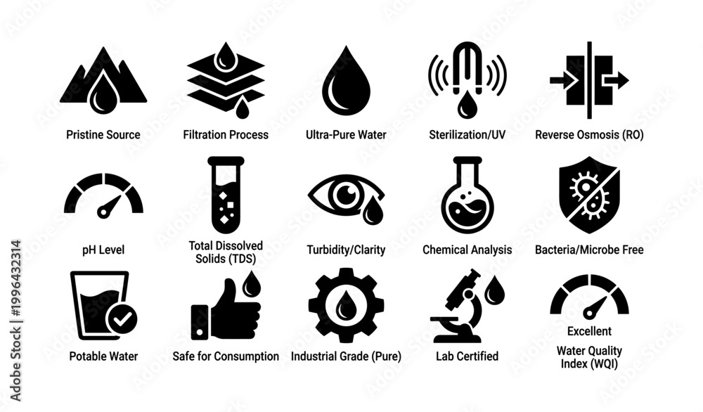 Naklejka premium Water quality and purification icons showing testing and treatment