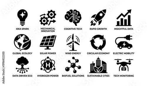 Sustainable energy and innovation icons shown in grid layout