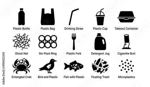 Common plastic pollution icons showing items and wildlife