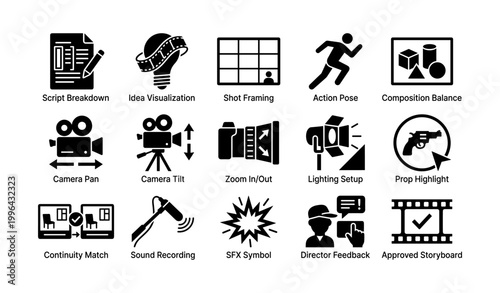 Film production icons showing planning and set actions