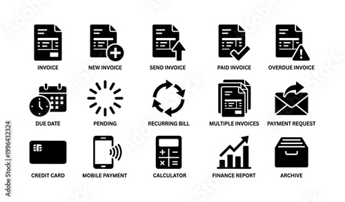 Invoice and payment icons arranged in grid on white background