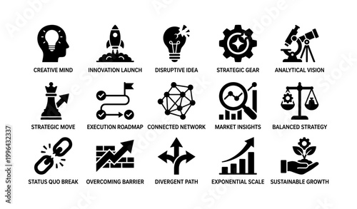 Innovation and strategy icons arranged in grid on white background