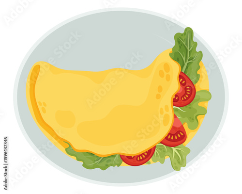 Omelette with fresh vegetables served on plate. Healthy breakfast meal with tomato and greens, homemade food concept, clean minimal illustration isolated on white.