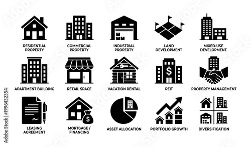 Property and real estate icons illustrating asset types in grid