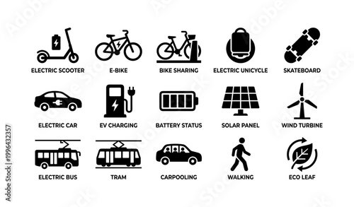 Electric mobility and sustainable transport icons displayed in grid