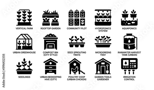 Urban farming and rooftop garden icons arranged in grid