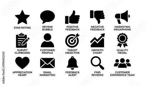 Customer feedback and marketing icons arranged in grid