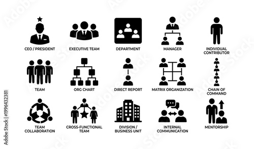 Organizational and team icons arranged in grid on white background