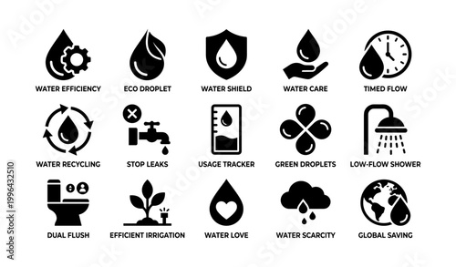 Water conservation icons arranged as labeled grid on white background