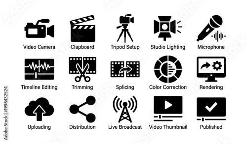 Video production icons showing workflow on white background