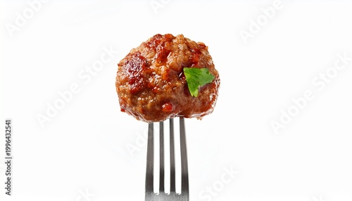 a meatball on a fork isolated on a white background a close up view of a perfect bite of a classic dinner entree