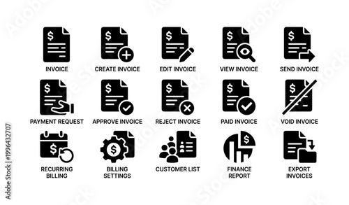 Invoice and billing icons showing document actions in grid