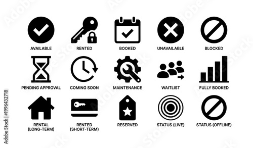 Rental and booking status icons arranged on white background