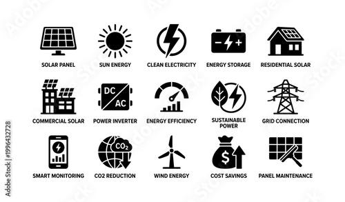 Solar and sustainable energy icons arranged on white background