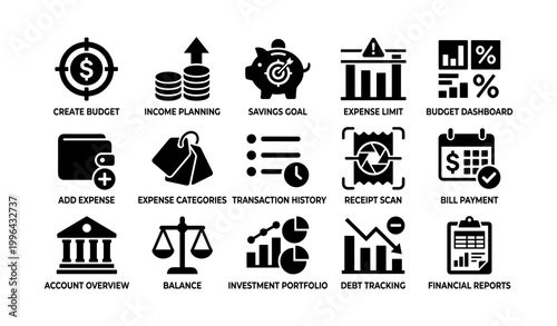 Finance and budgeting icons arranged on white background