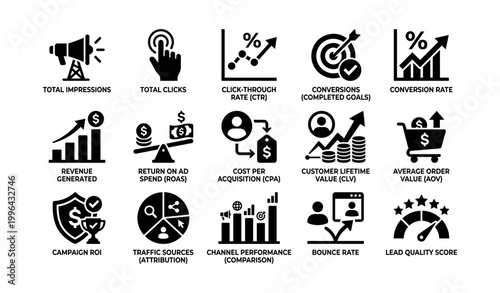 Marketing metrics icons displaying analytics on white background